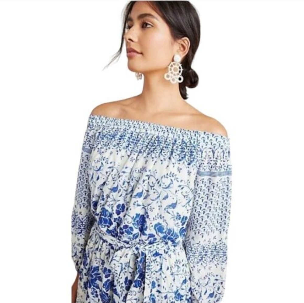 Anthropologie Blue and White Floral Clemente Off the Shoulder Romper - Picture 3 of 10